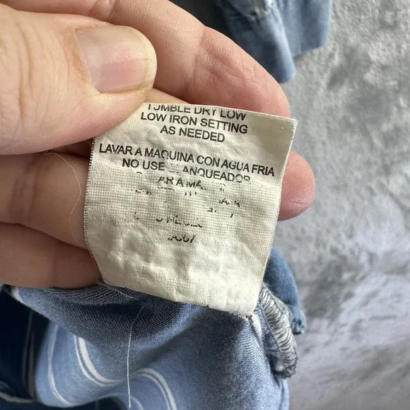 AUW Shirt Dress Women's 10 Blue Striped Chambray Tie Waist Hi Lo Hem - Picture 4 of 10